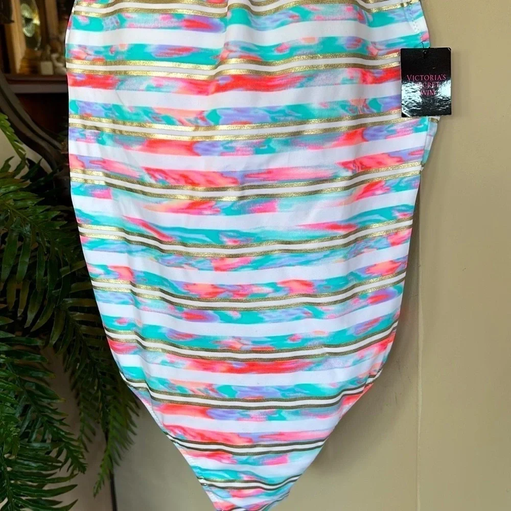 Brand New Victoria's Secret Swimsuit High Neck Strappy Back White Bright Coral
